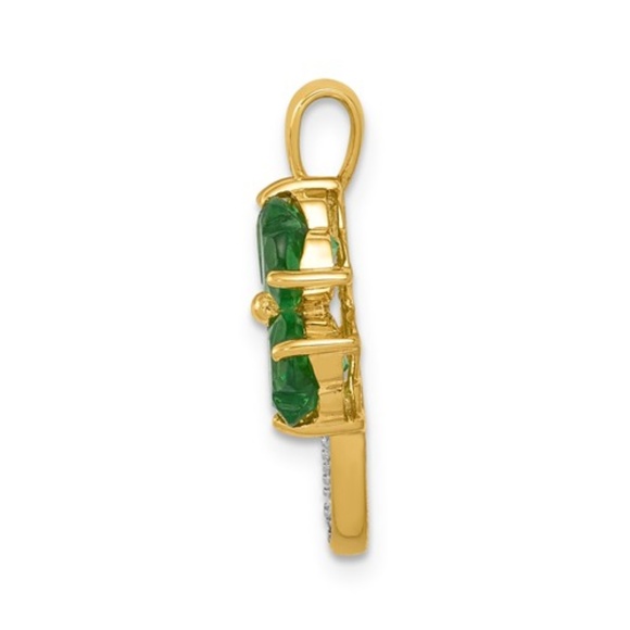 14k Yellow Gold Created Green Emerald & Diamond 4-leaf clover Pendant w Chain - Picture 4 of 7
